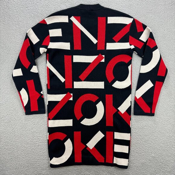 Kenzo Sweater Dress Womens Extra Small XS Navy Blue Red Monogram All Over Print - Picture 2 of 9